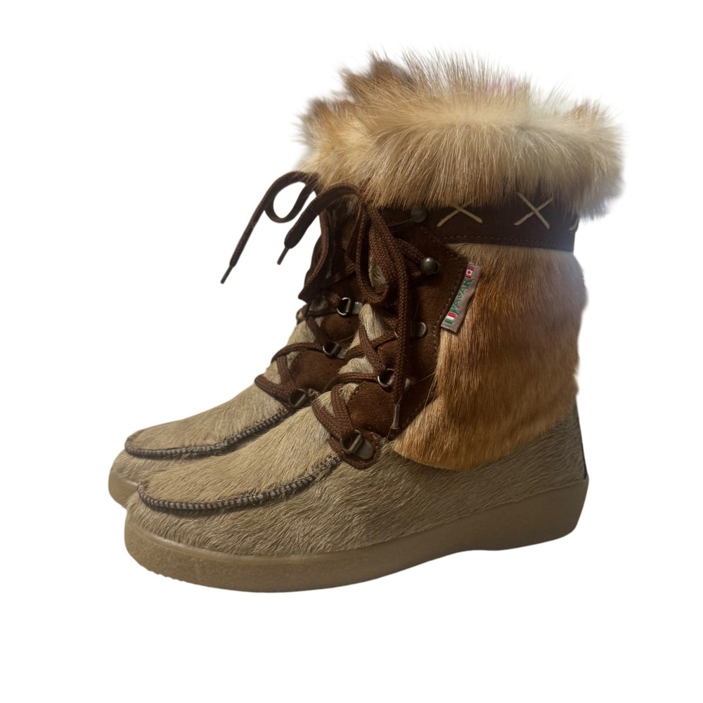 Pajar Winter Boots Women 39 Brown Tan Excellent Goat Hair Fox Fur Made in Italy